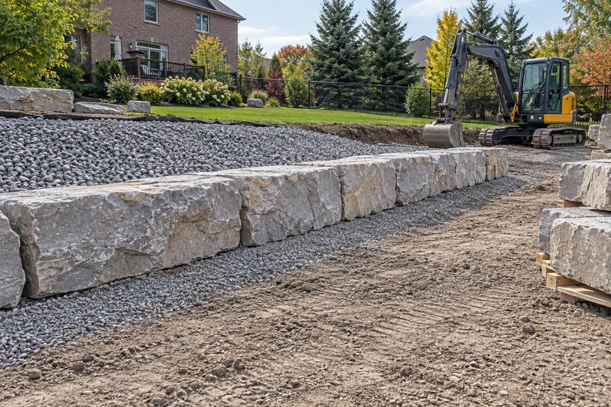 AI concept illustration: armour stone wall construction with a prepared granular base