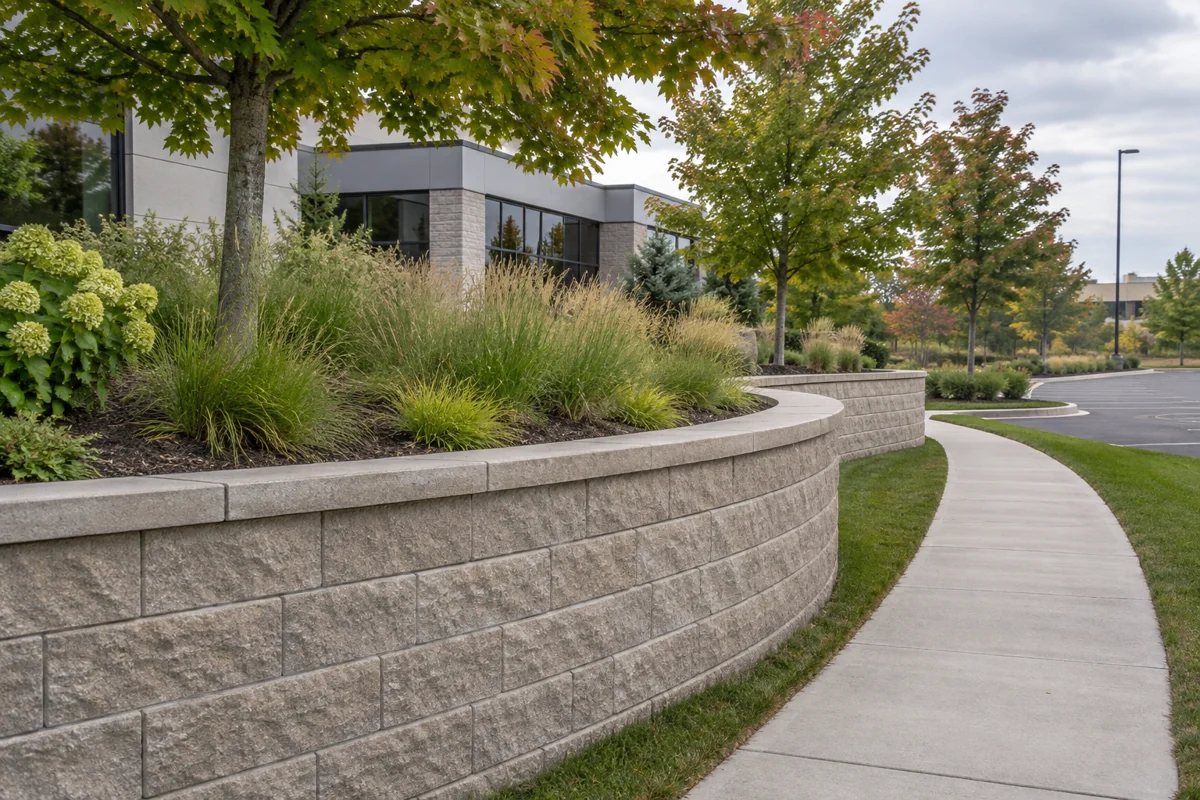 AI concept illustration: curved segmental retaining wall beside an office campus sidewalk