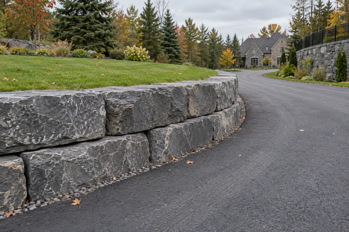 AI concept illustration: completed natural stone retaining wall beside a residential driveway
