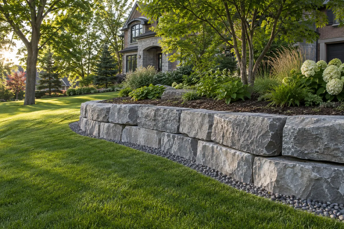 AI concept illustration: completed armour stone wall with restored residential landscaping