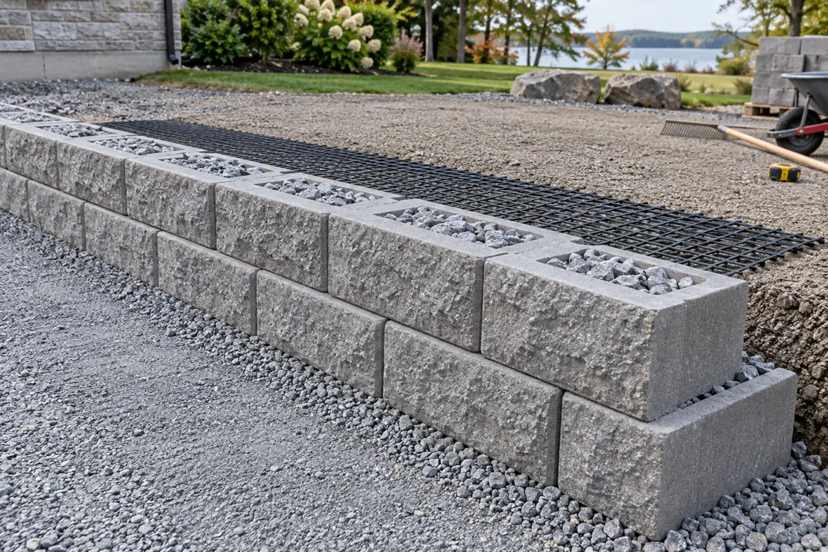 AI concept illustration: segmental concrete blocks and geogrid during retaining wall construction